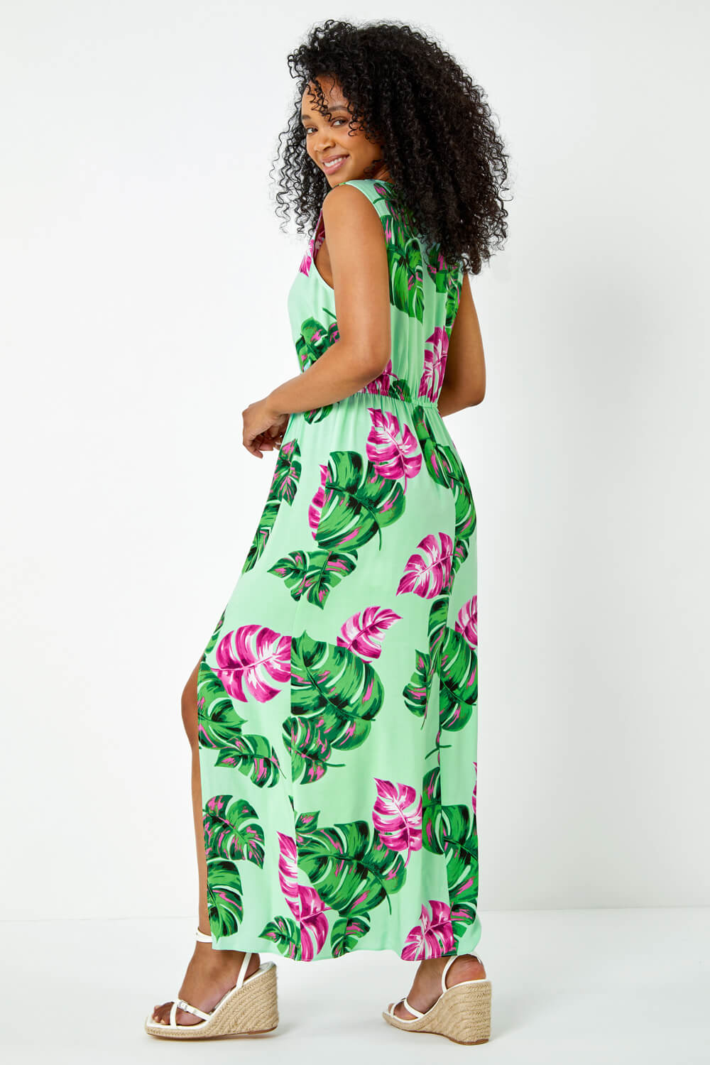 Blue Petite Palm Print Stretch Maxi Dress, Image 4 of 5