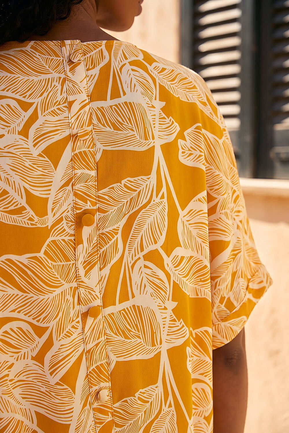 Yellow Leaf Print Buttoned Back Top, Image 5 of 4