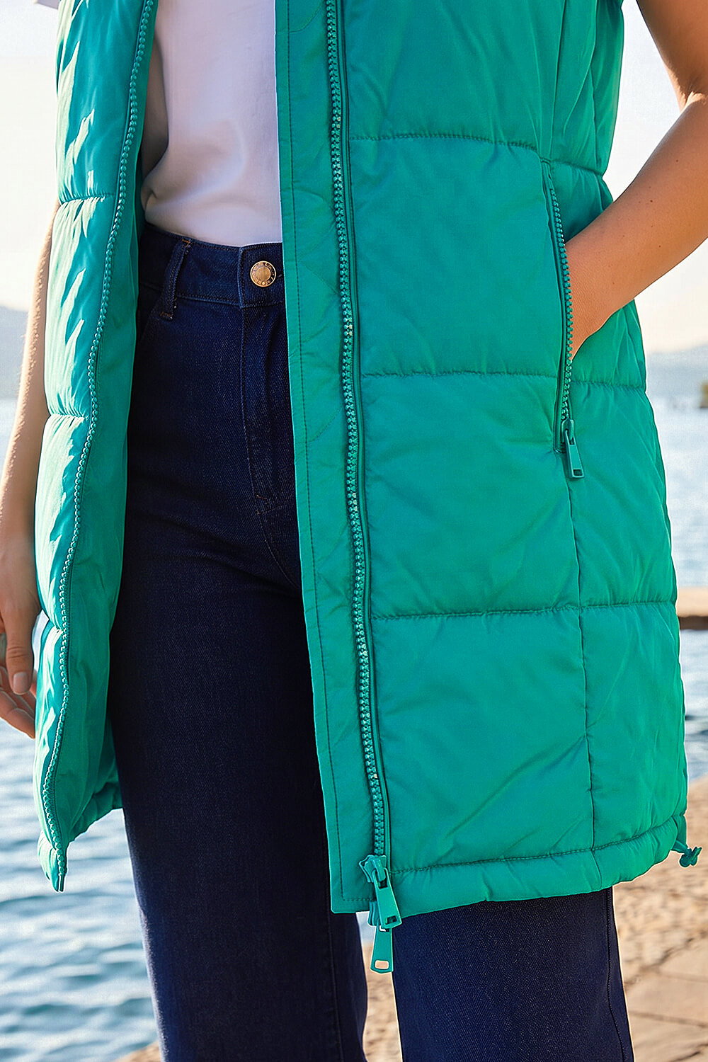 Teal Quilted Zip Detail Longline Gilet, Image 5 of 4