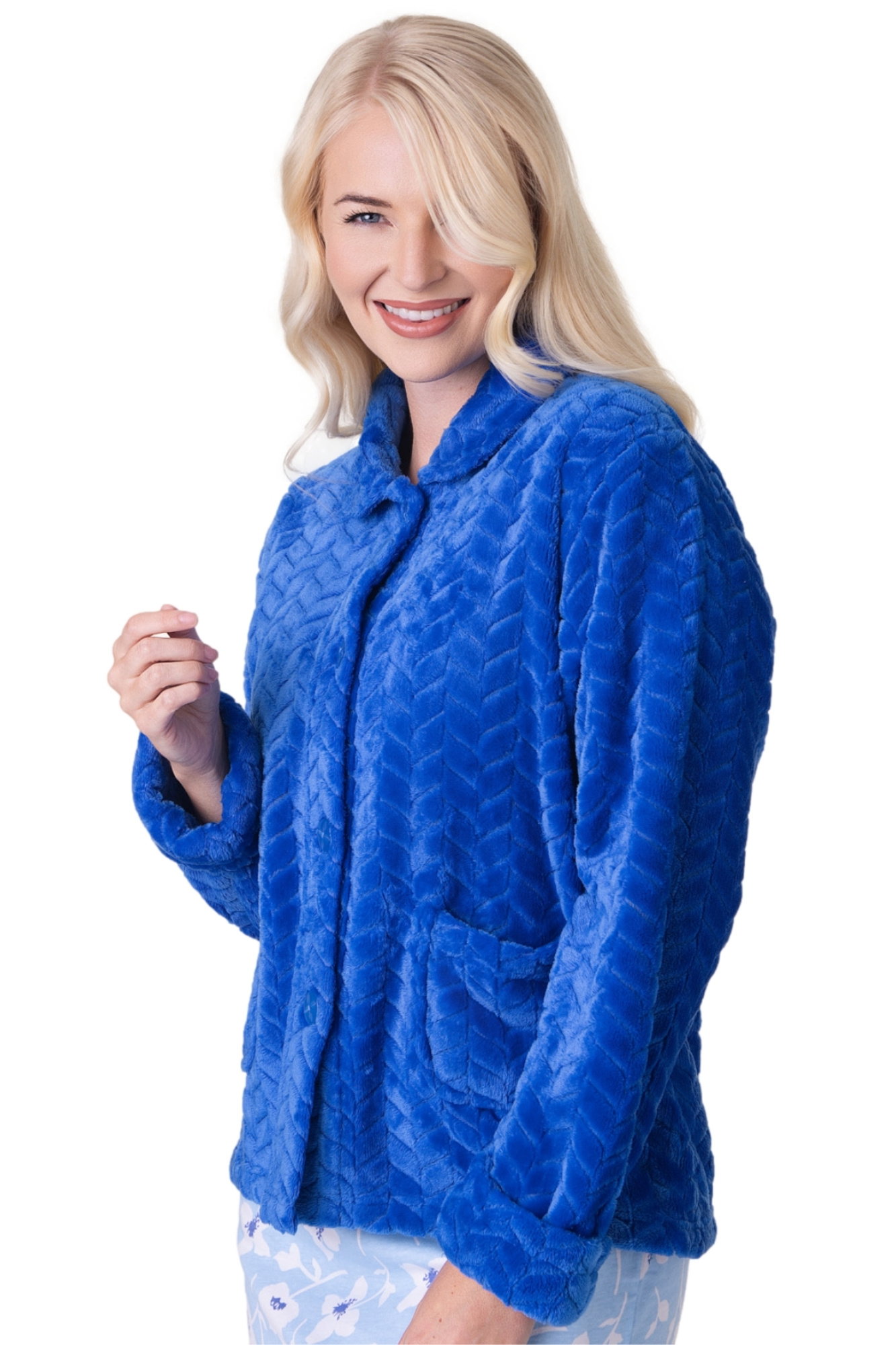 Blue Camille Lingerie Blue Supersoft Button Front Embossed Bed Jacket, Image 2 of 5