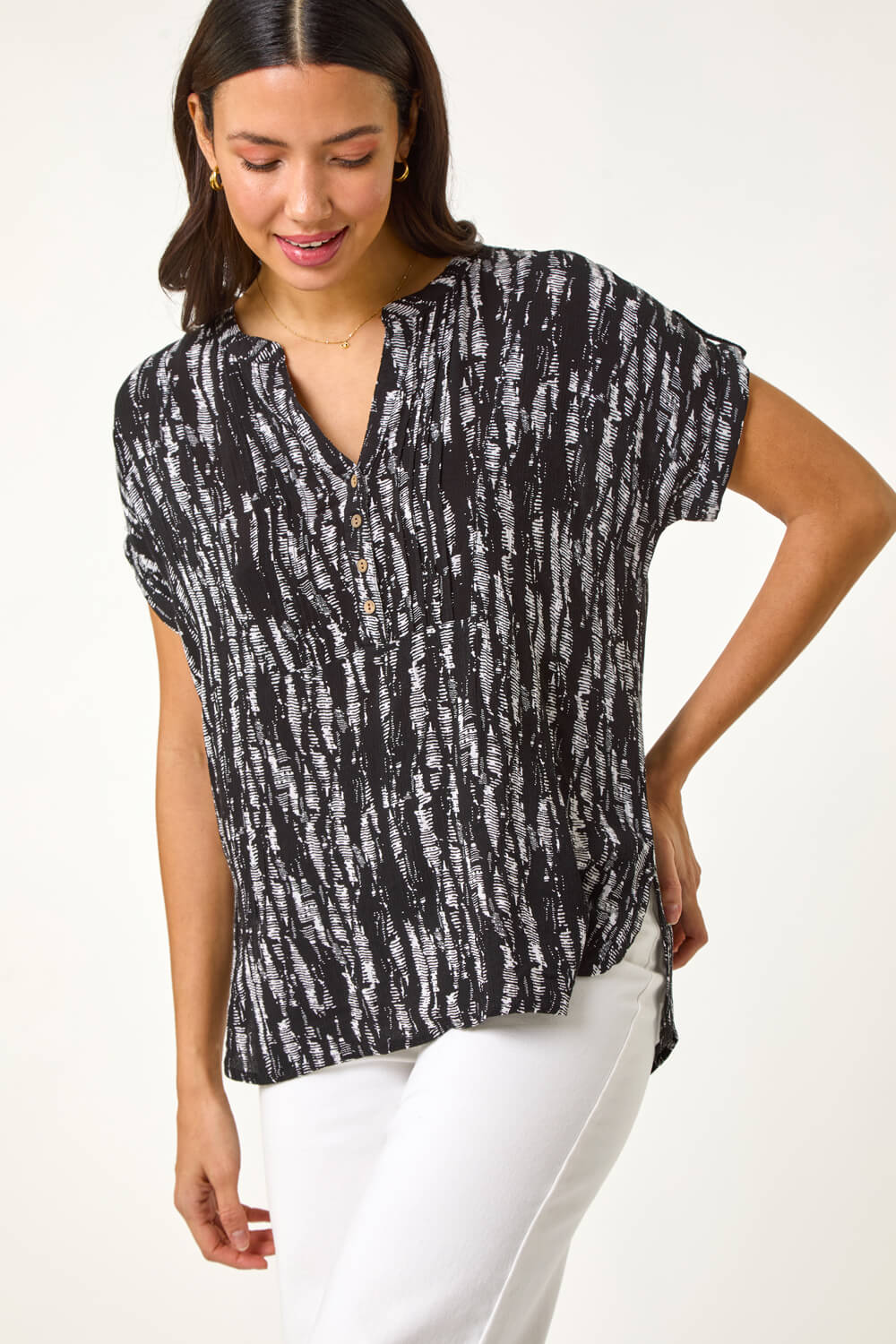 Black Abstract Print V-Neck Button Top, Image 1 of 5