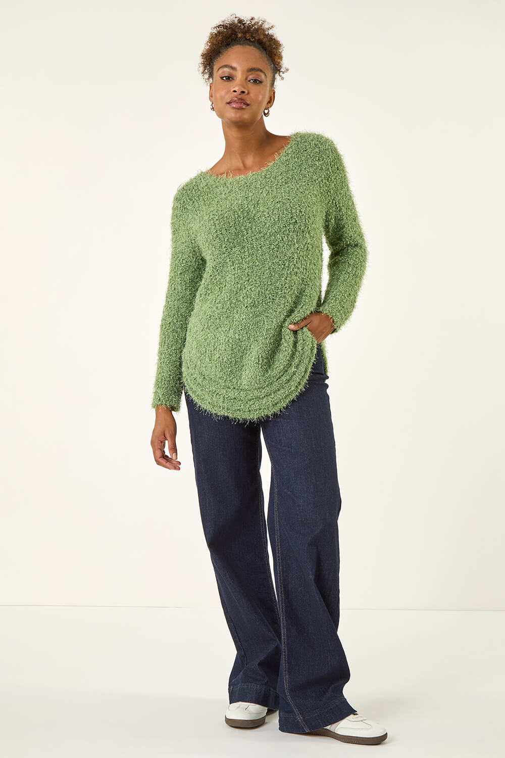 Green Fluffy Knit Curved Hem Knit Jumper, Image 3 of 5