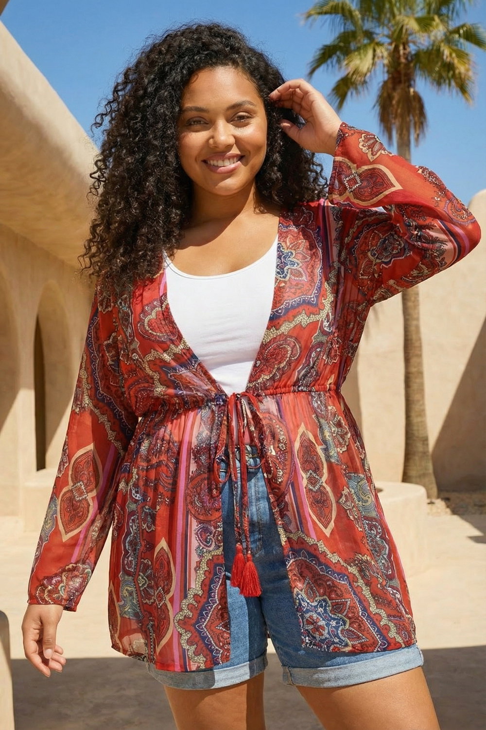 Roman Curve Women's Red Paisley Tie Front Kimono Size 30-32