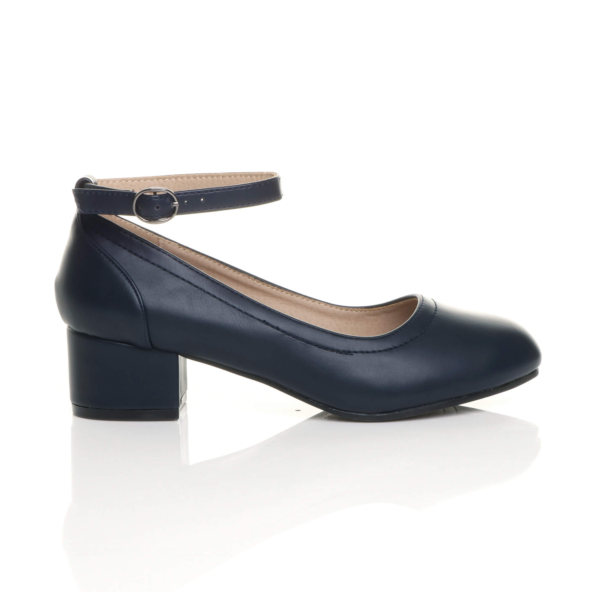 Navy Blue AJVANI Navy Blue Low Block Heel Ankle Strap Court Shoes, Image 2 of 6
