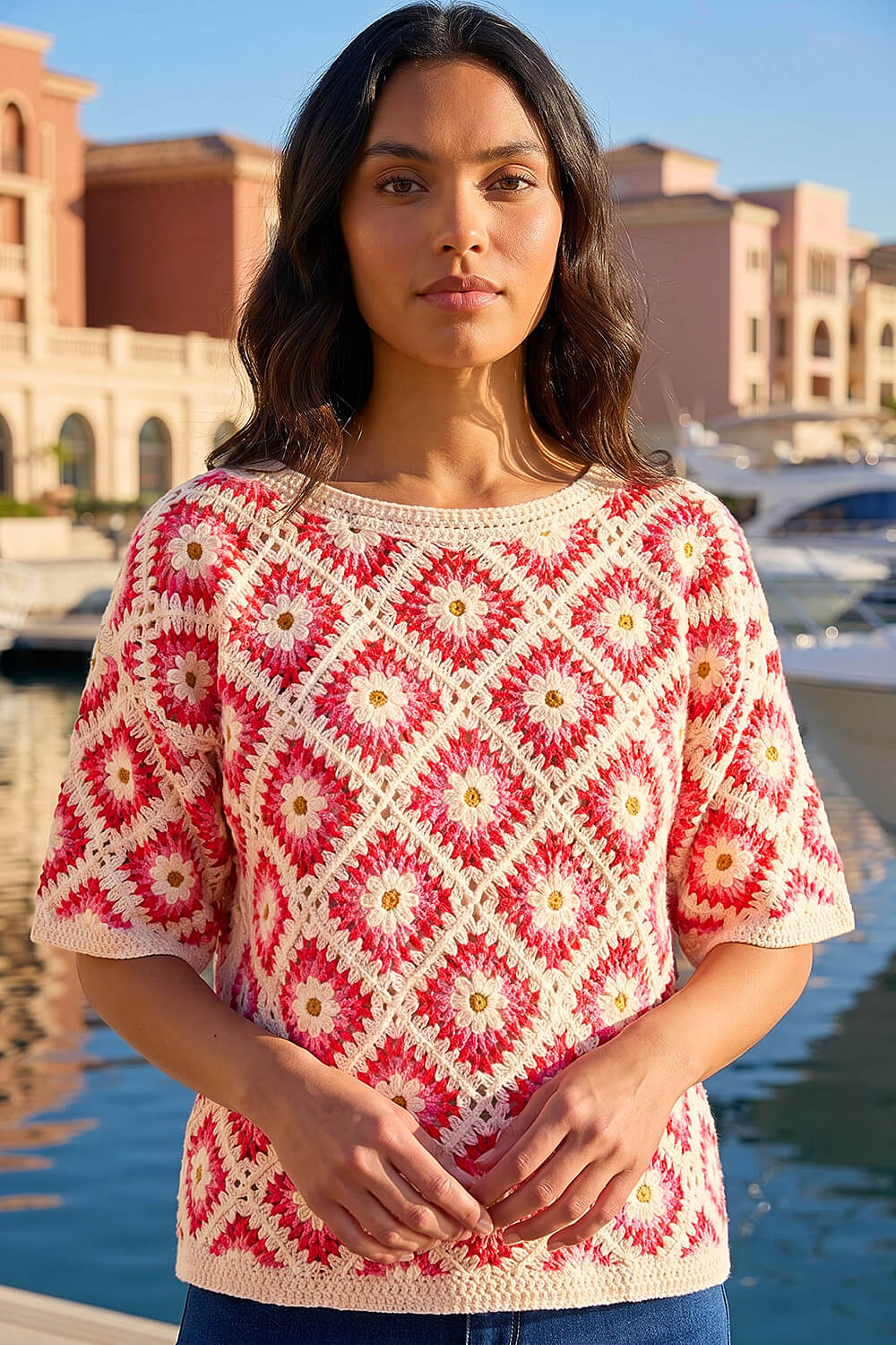 Pink Floral Crochet Knit Top | Roman UK