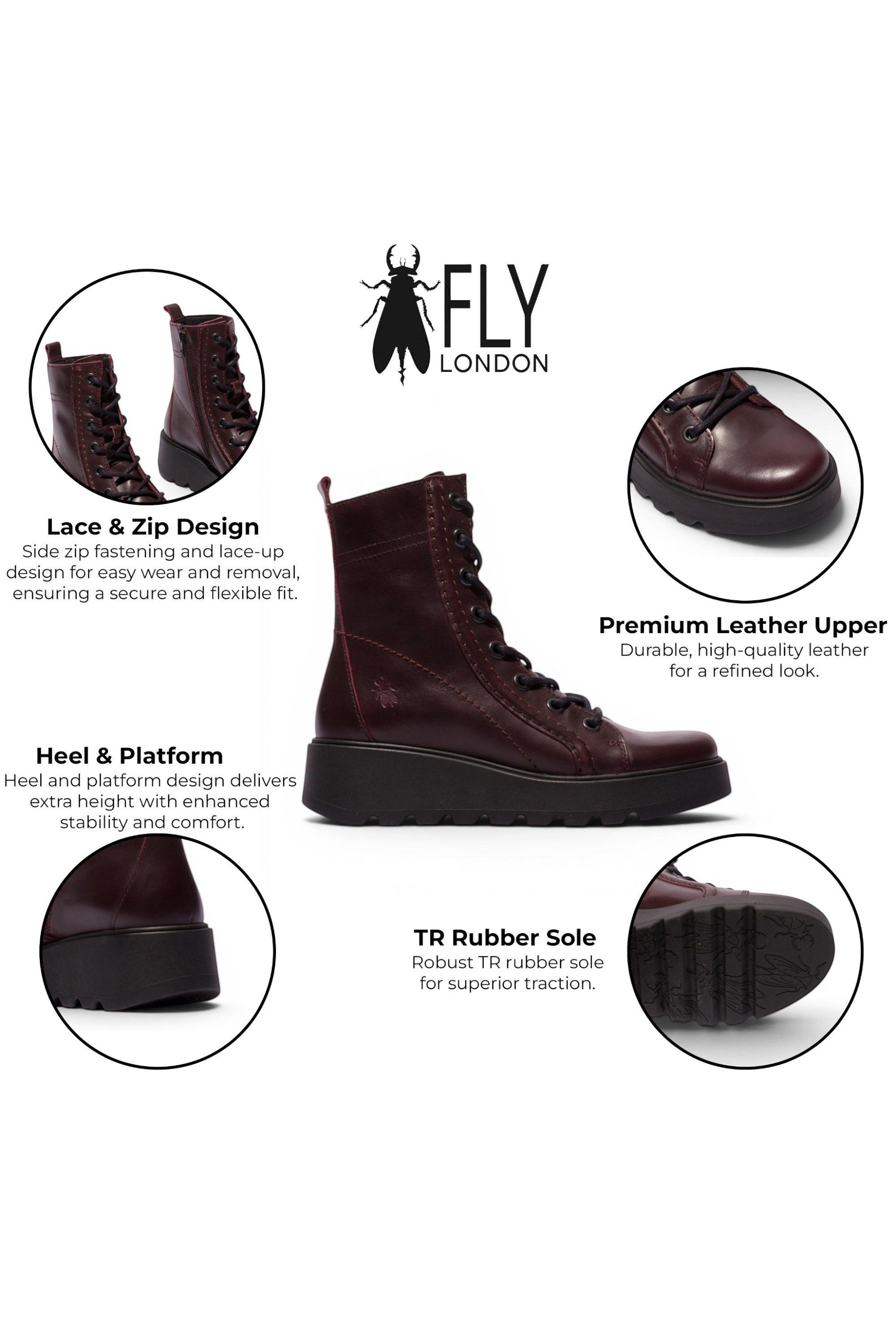 Wine Womens Leather Heel Combat Boots-TERY553, Image 3 of 5