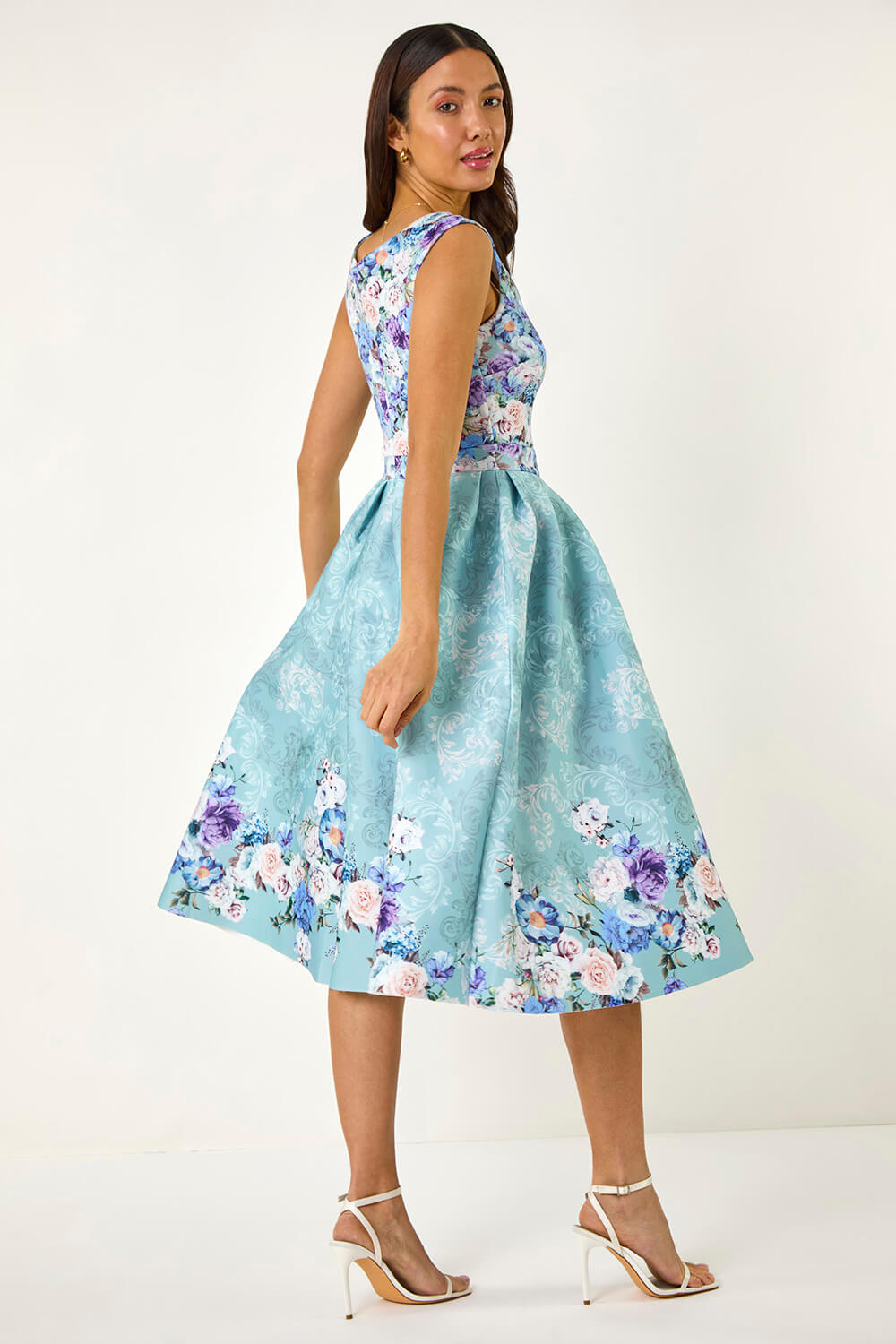 Sage Sweetheart Neck Floral Premium Stretch Midi Dress, Image 4 of 5