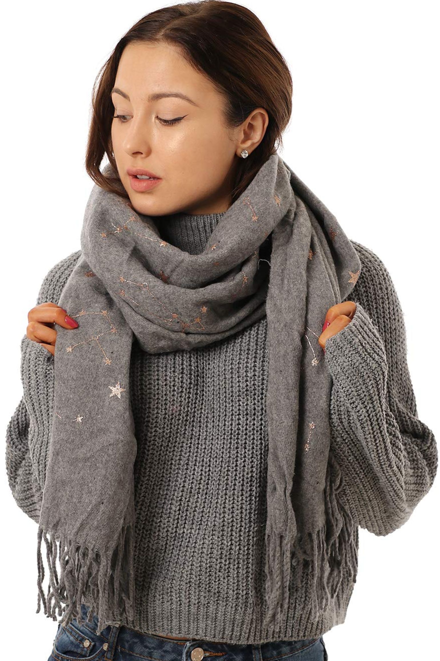 Light Grey Star Constellation Tasselled Winter Scarf, Image 1 of 3