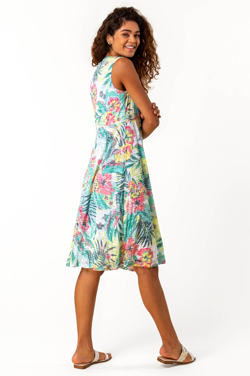 Green Burnout Tropical Print Stretch Dress, Image 4 of 5