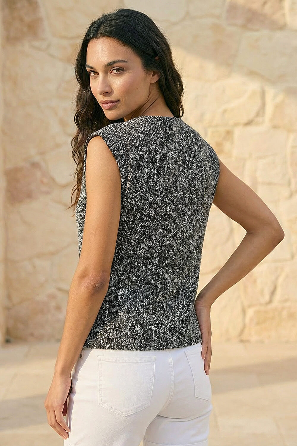 Black Textured Mock Button Top, Image 4 of 5