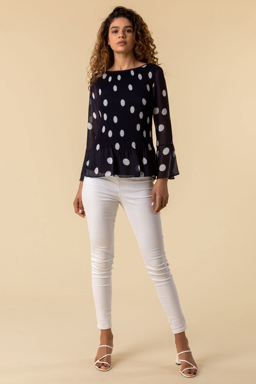 Navy Spot Flute Sleeve Pleated Top, Image 4 of 4