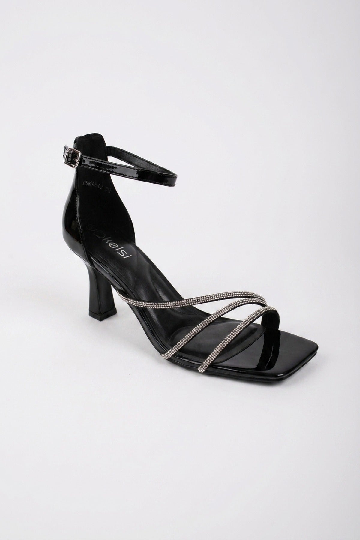 Black Pearl Patent Rhinestone Strap Square Sandals, Image 2 of 5