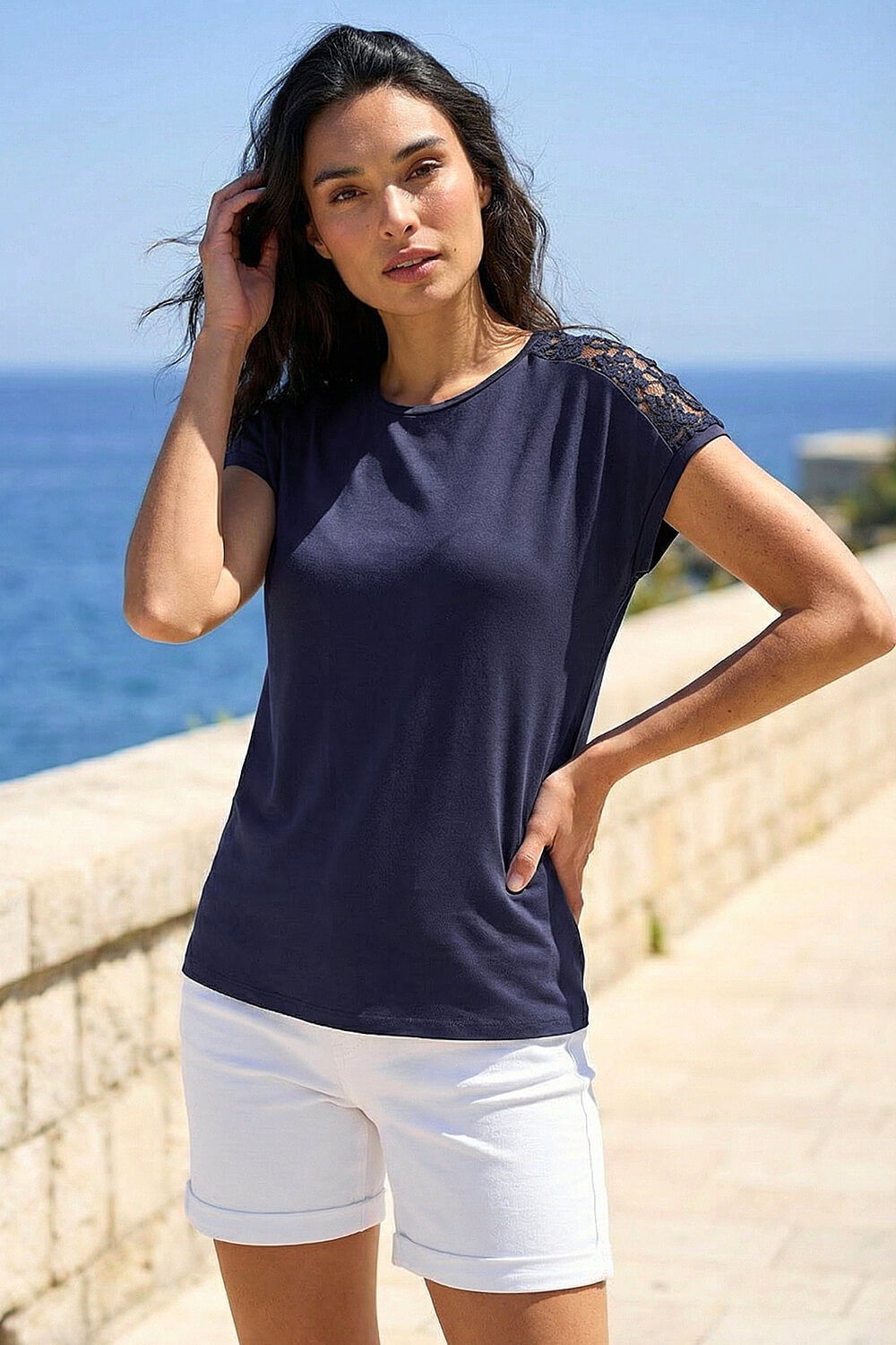 Navy Lace Panel Detail T-Shirt, Image 3 of 4