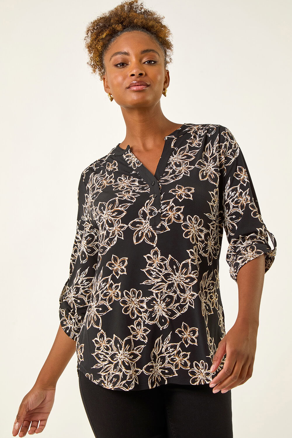 Beige Floral Puff Print Stretch Top, Image 5 of 5