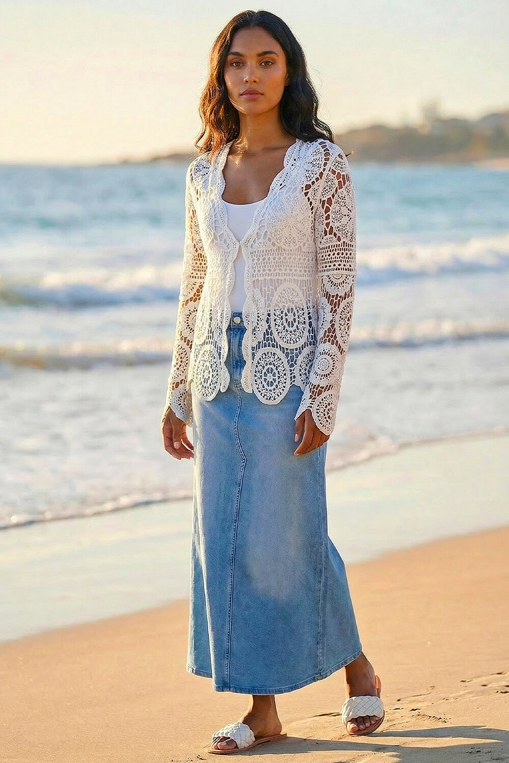 Ivory Crochet Detail Knit Cardigan | Roman UK