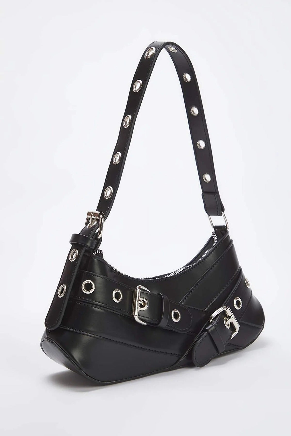 Black Baguette Shoulder Bag With Belt-Buckle Hardware, Image 1 of 3