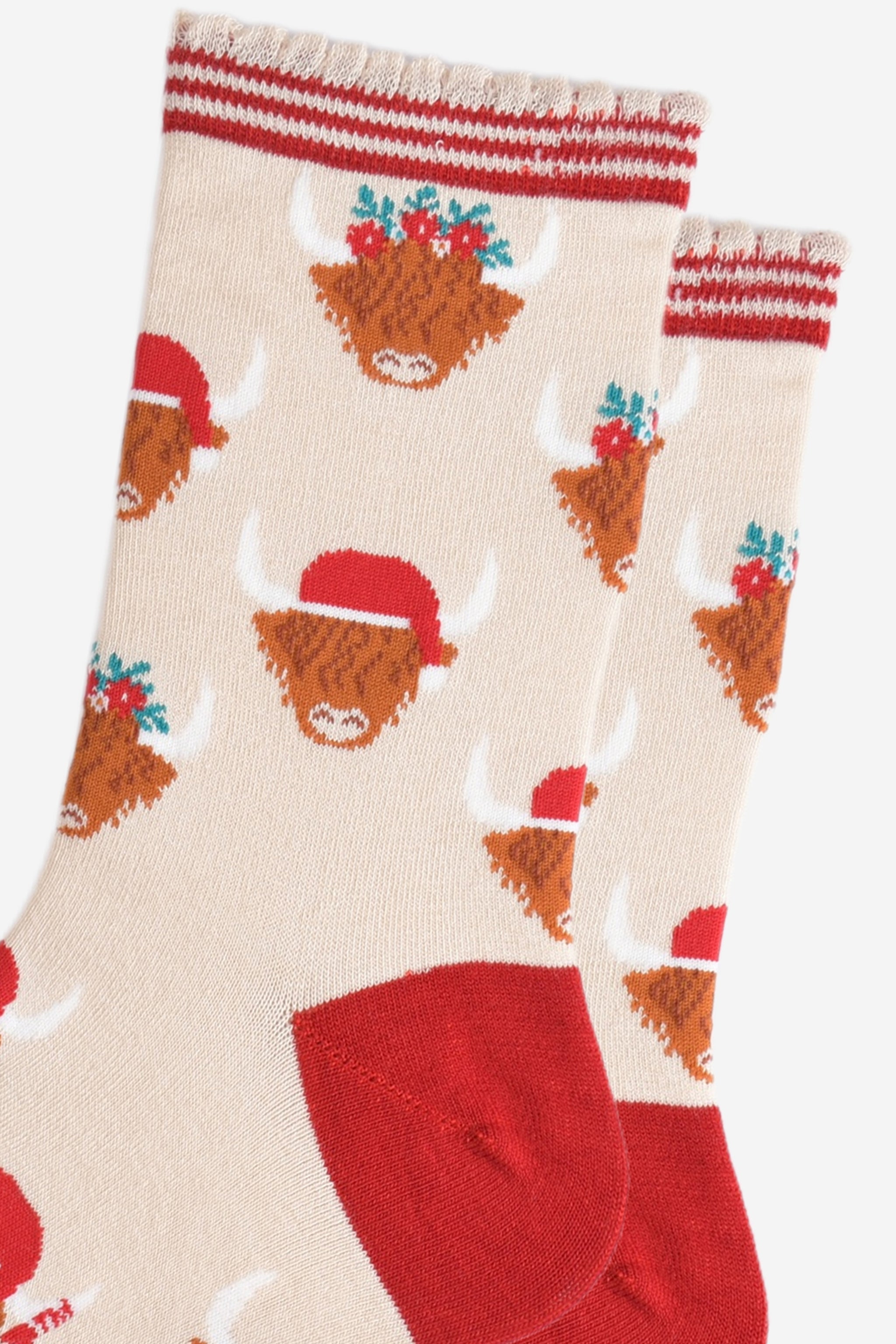 Red Highland Cow Christmas Bamboo Socks, Image 3 of 5