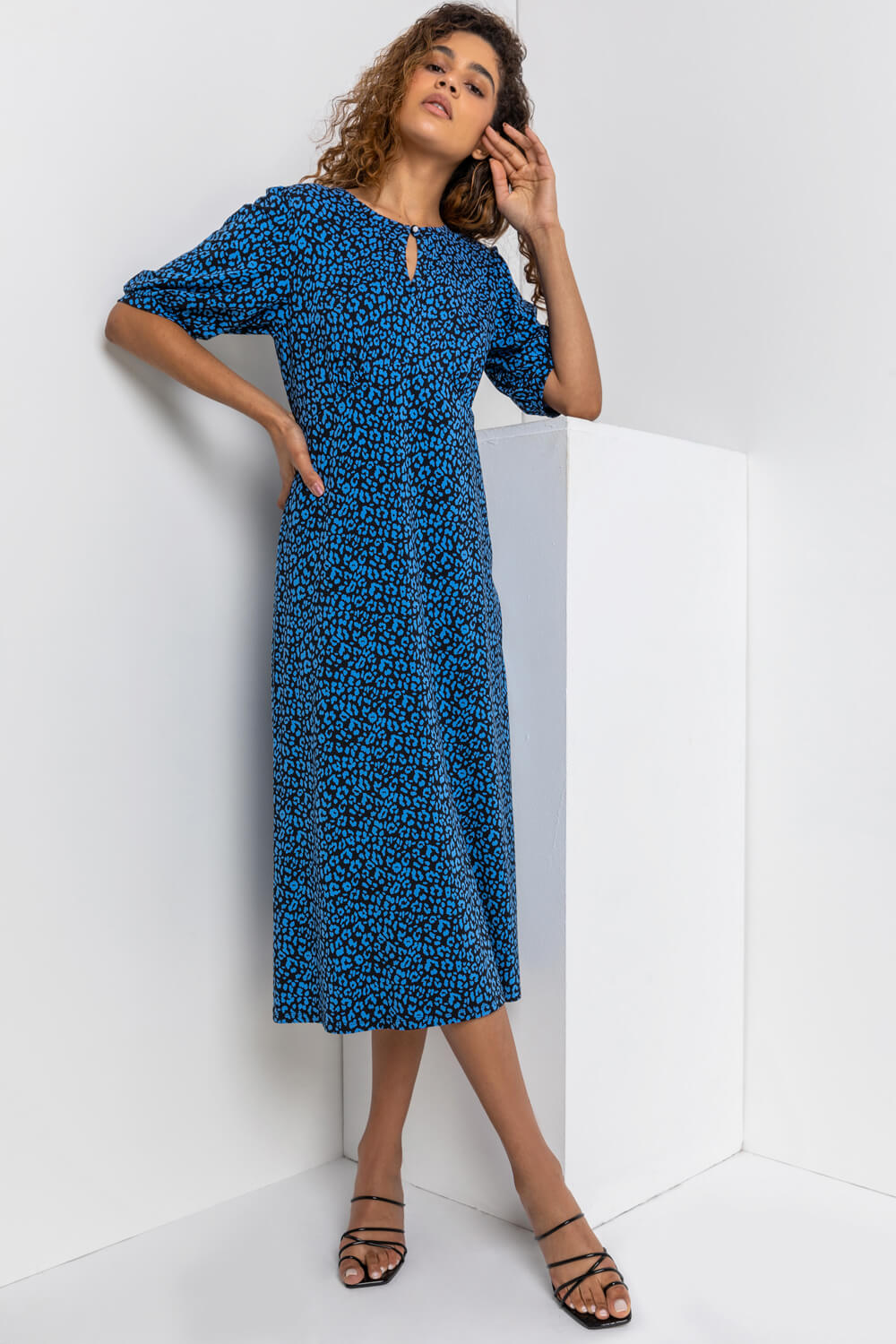 Royal Blue Animal Print Stretch Midi Dress, Image 4 of 5