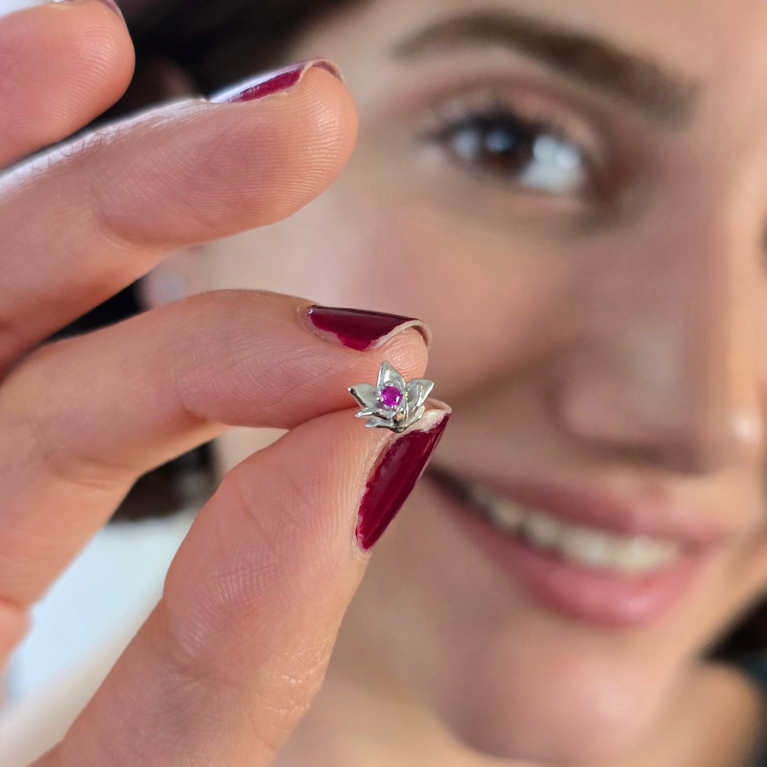Silver Ruby July Birthstone Larkspur Birthflower Stud Earrings, Image 3 of 3
