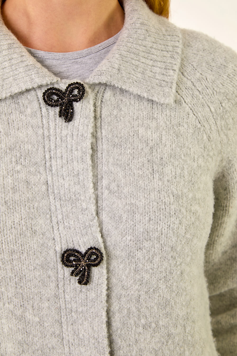 Grey Bow Buttoned Collared Cardigan, Image 6 of 5