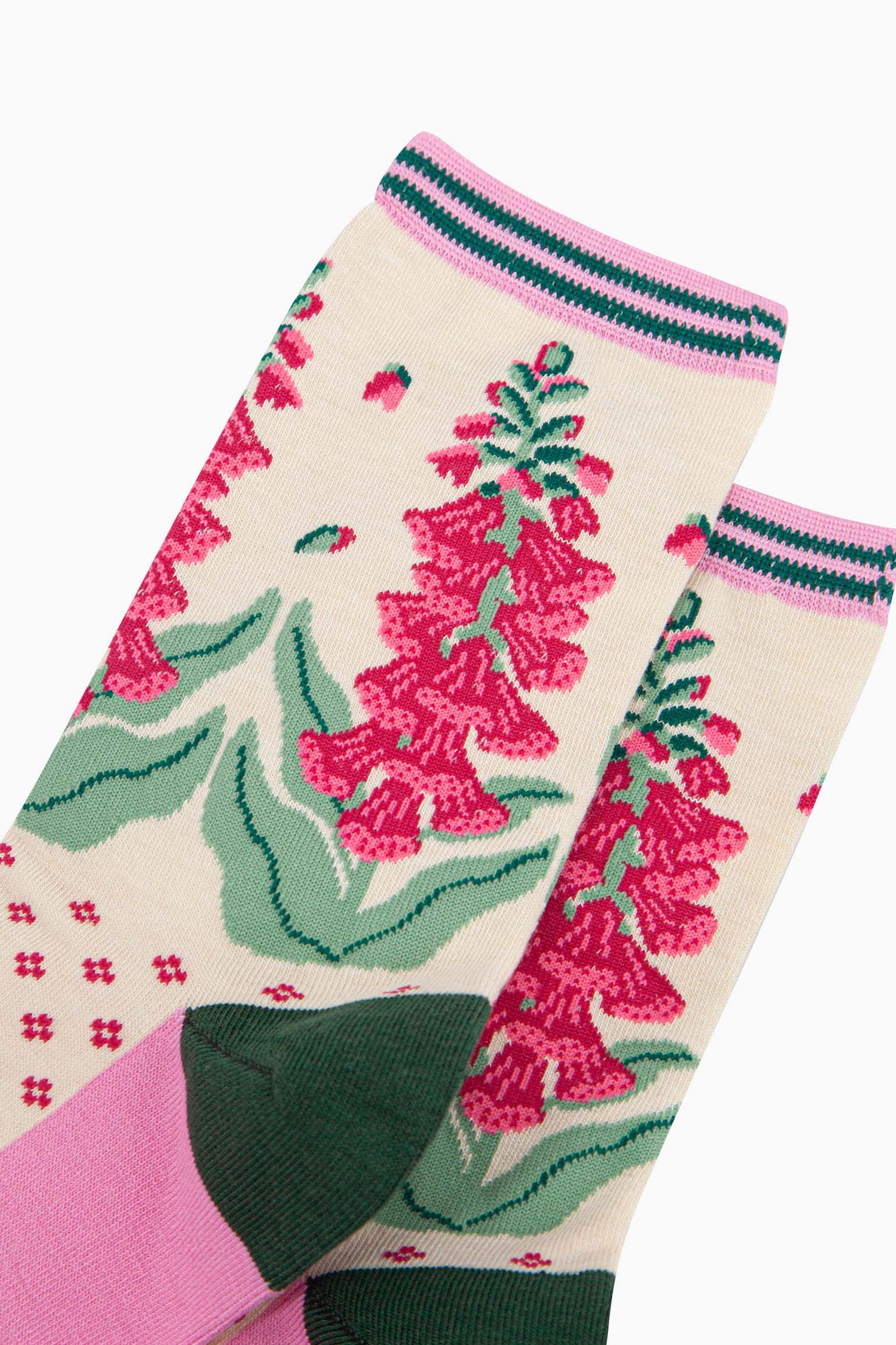 Cream Floral Bamboo Socks - Cream, Foxgloves, Image 3 of 4