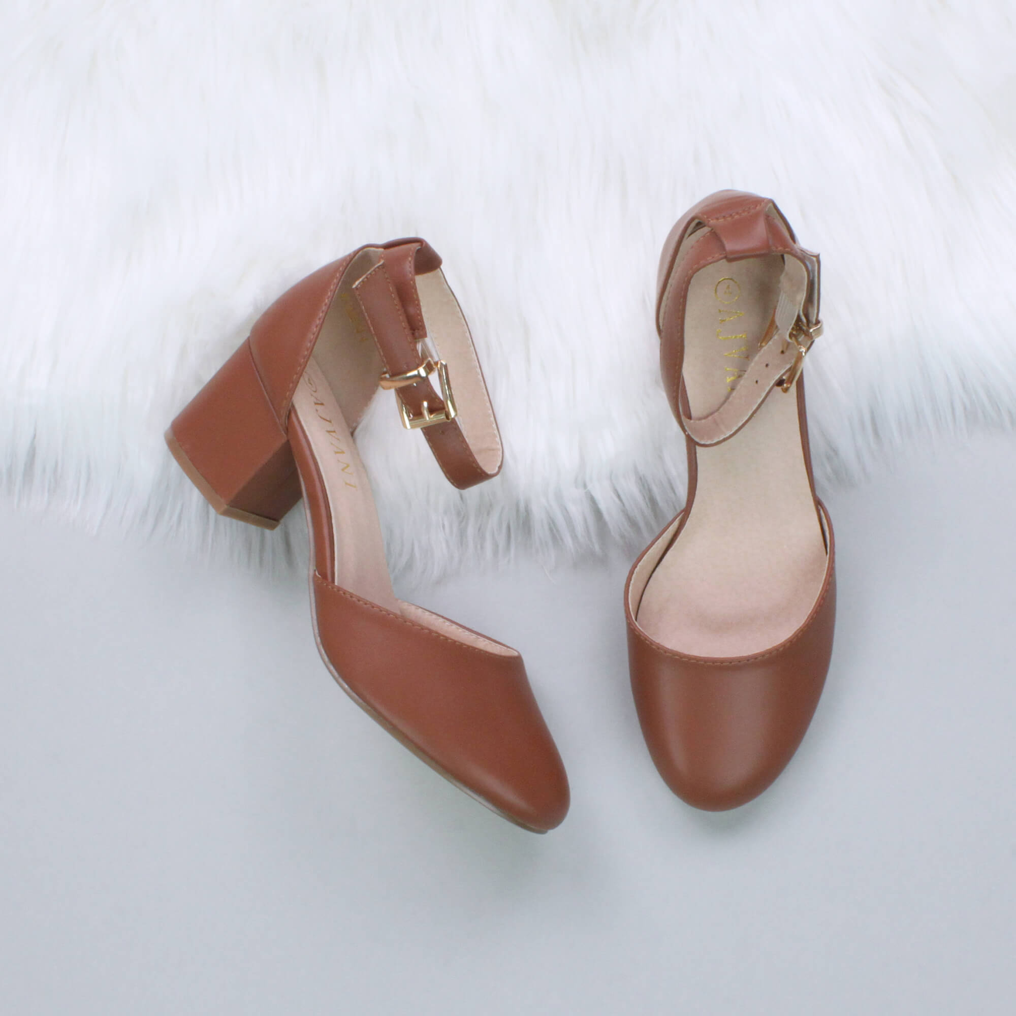 Tan AJVANI Tan Mid Block Heel Ankle Strap 2 Part Heels, Image 4 of 6