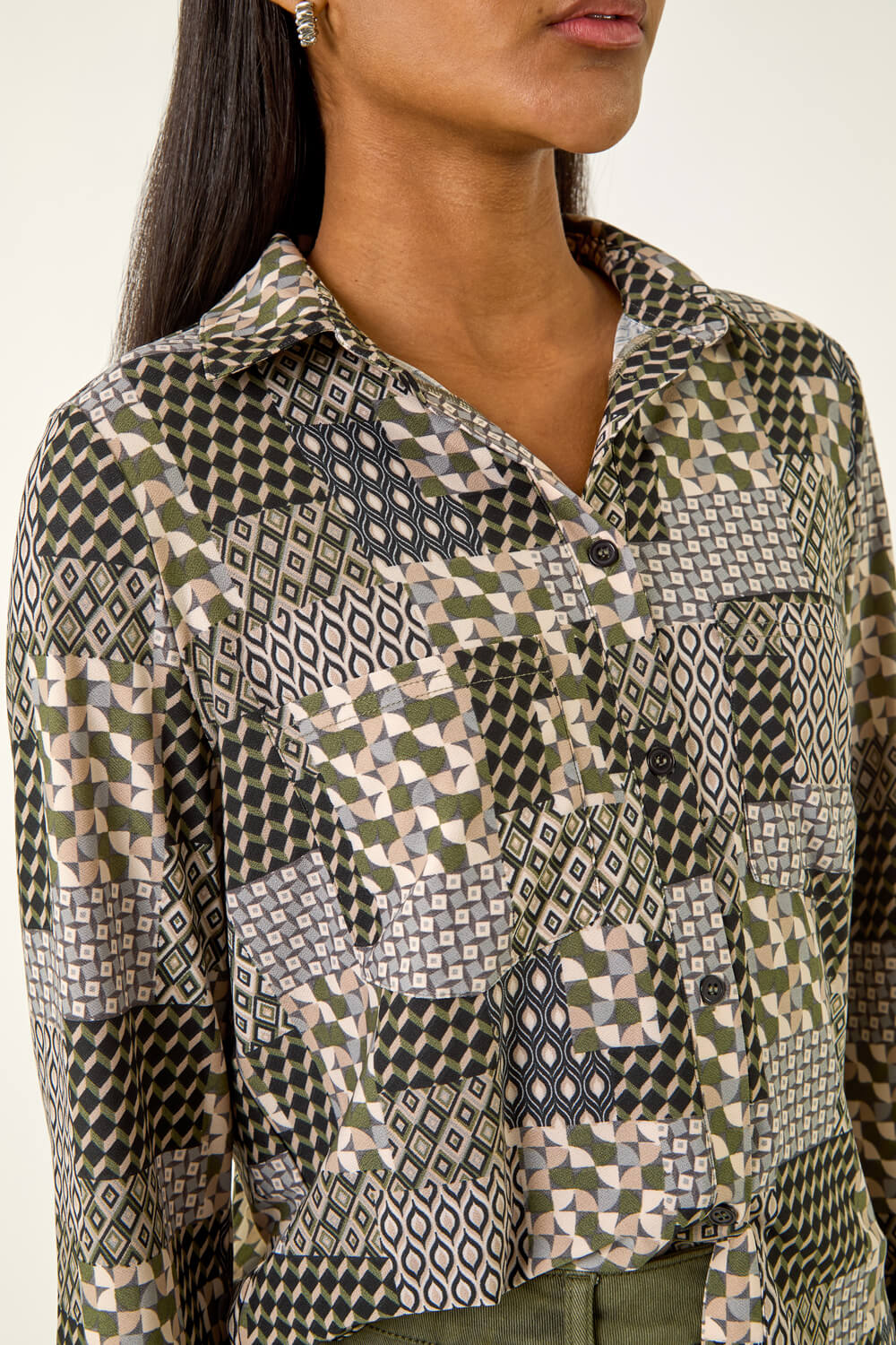 Grey Patchwork Print Stretch Top, Image 6 of 5