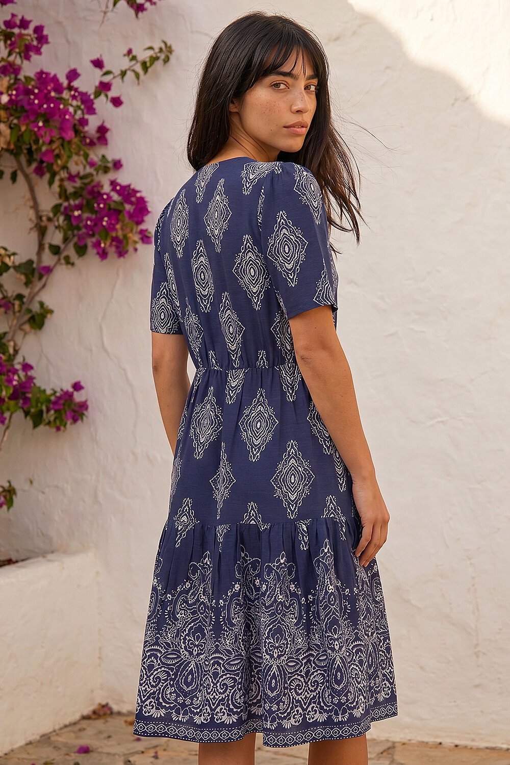 Navy Petite Border Print Tiered Dress, Image 4 of 4