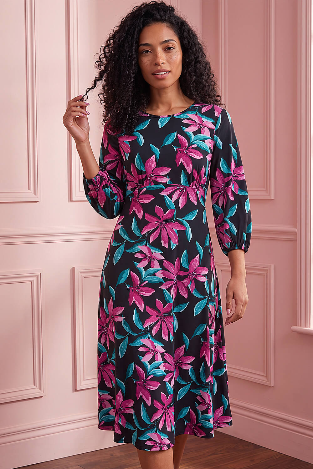 a line midi dress uk Mauve Floral Leaf A-Line Adelyn Rae Short Sleeve