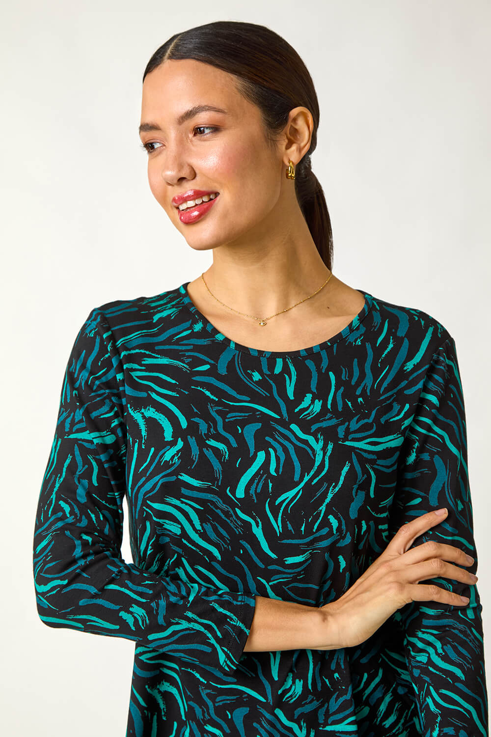 Teal Linear Print Chiffon Hem Stretch Top, Image 5 of 5
