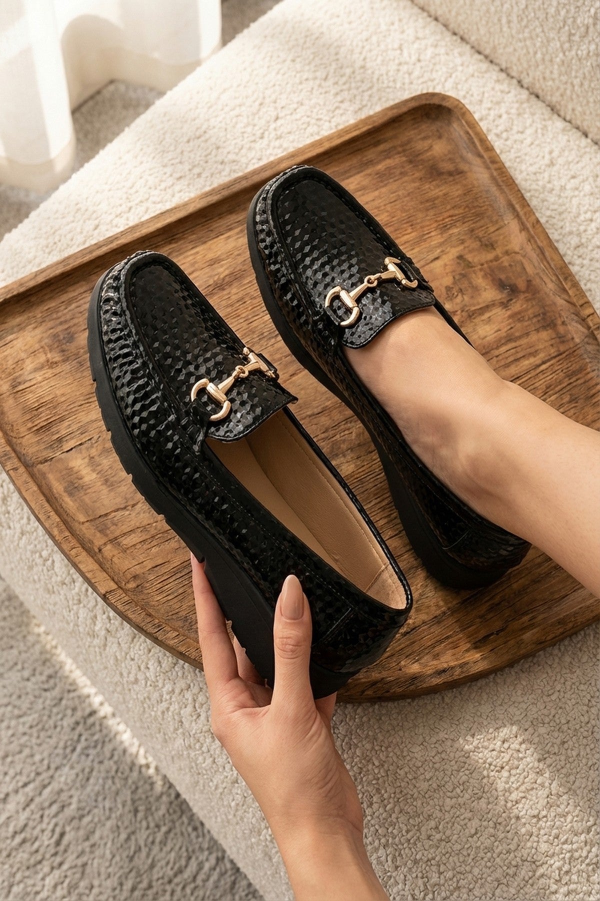 Black Chloe Womens Patent Horsebit Platform Loafers, Image 6 of 8