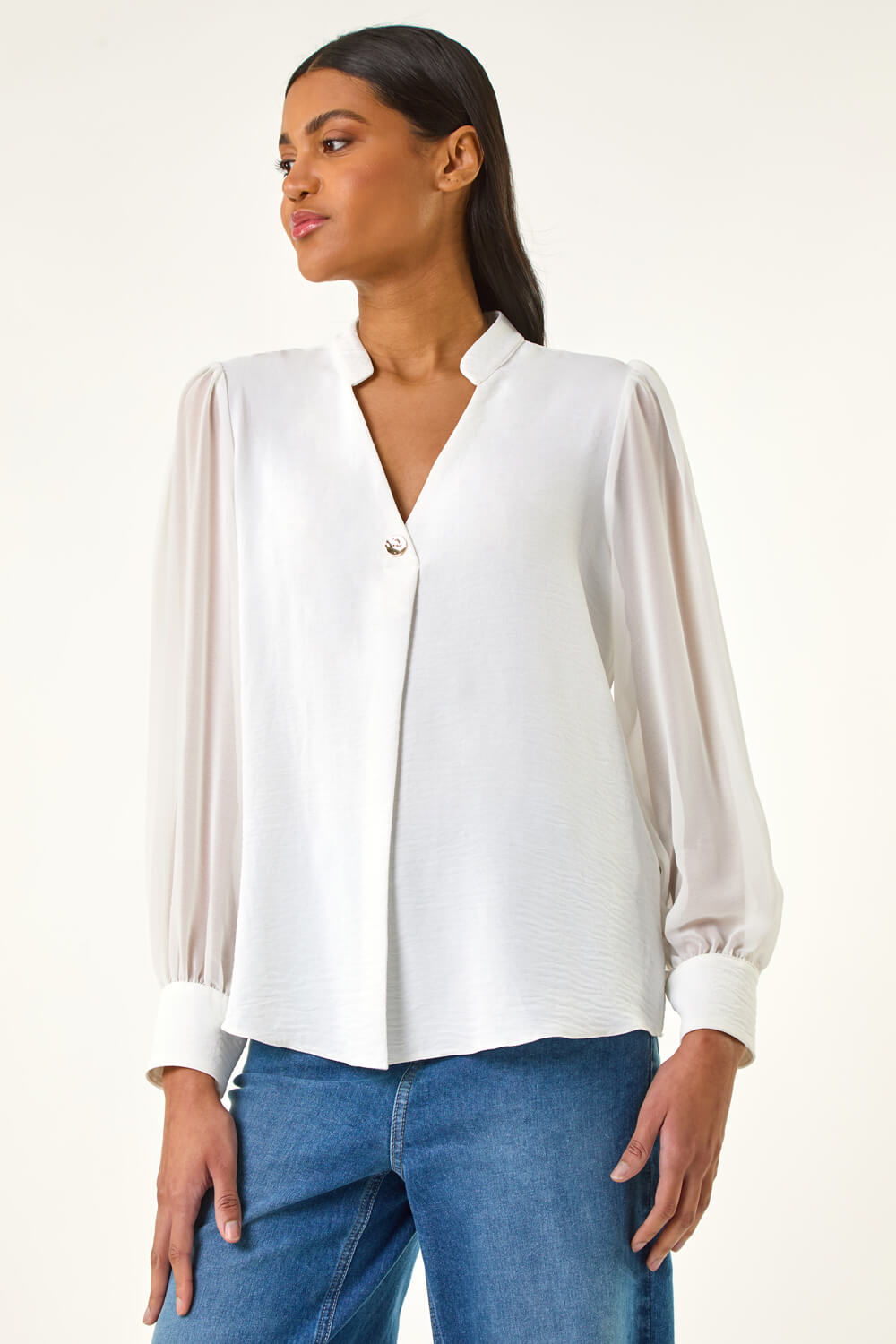 Ivory Chiffon Sleeve V-Neck Pleated Top, Image 1 of 5