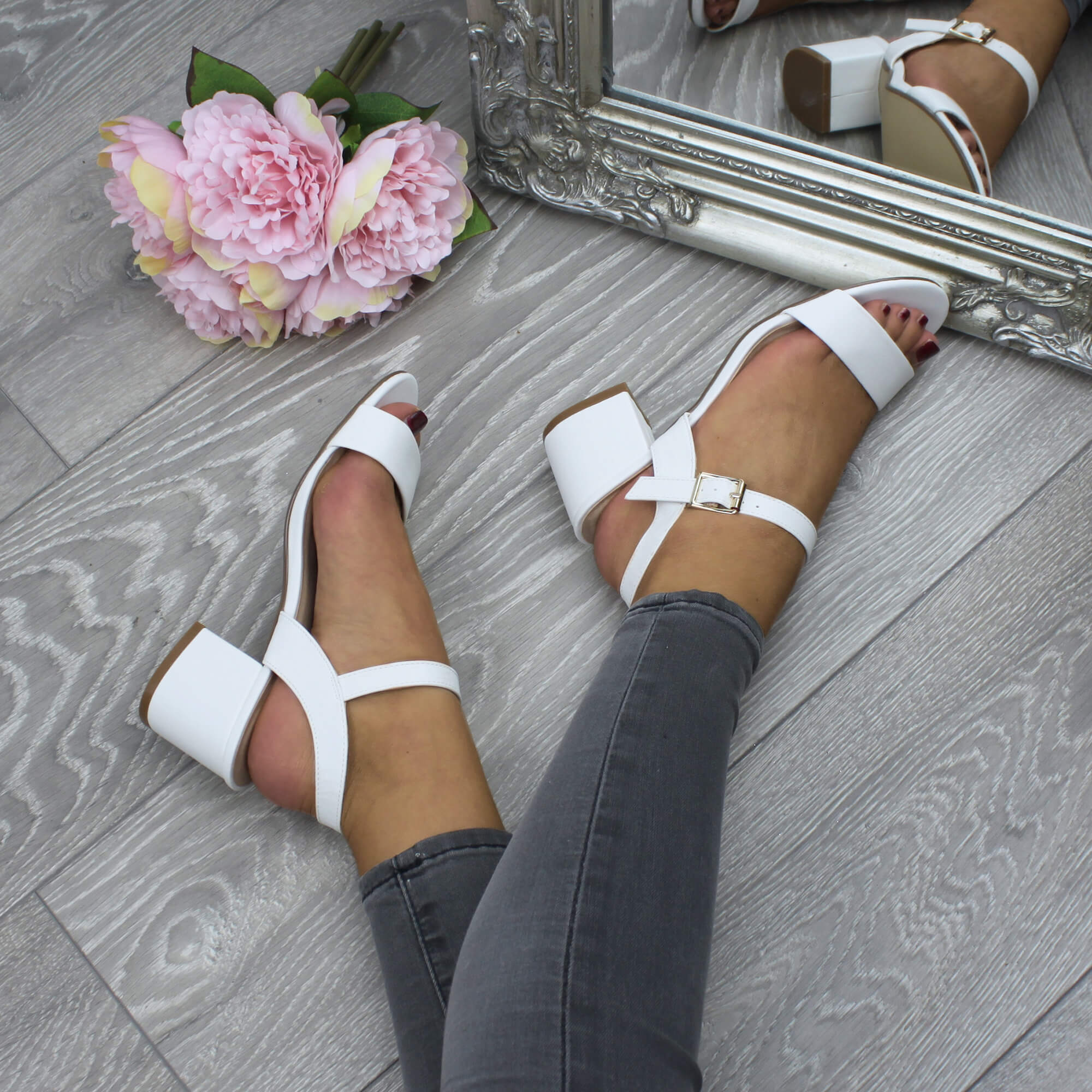 White AJVANI White Mid Block Heel Strappy Sandals, Image 5 of 6