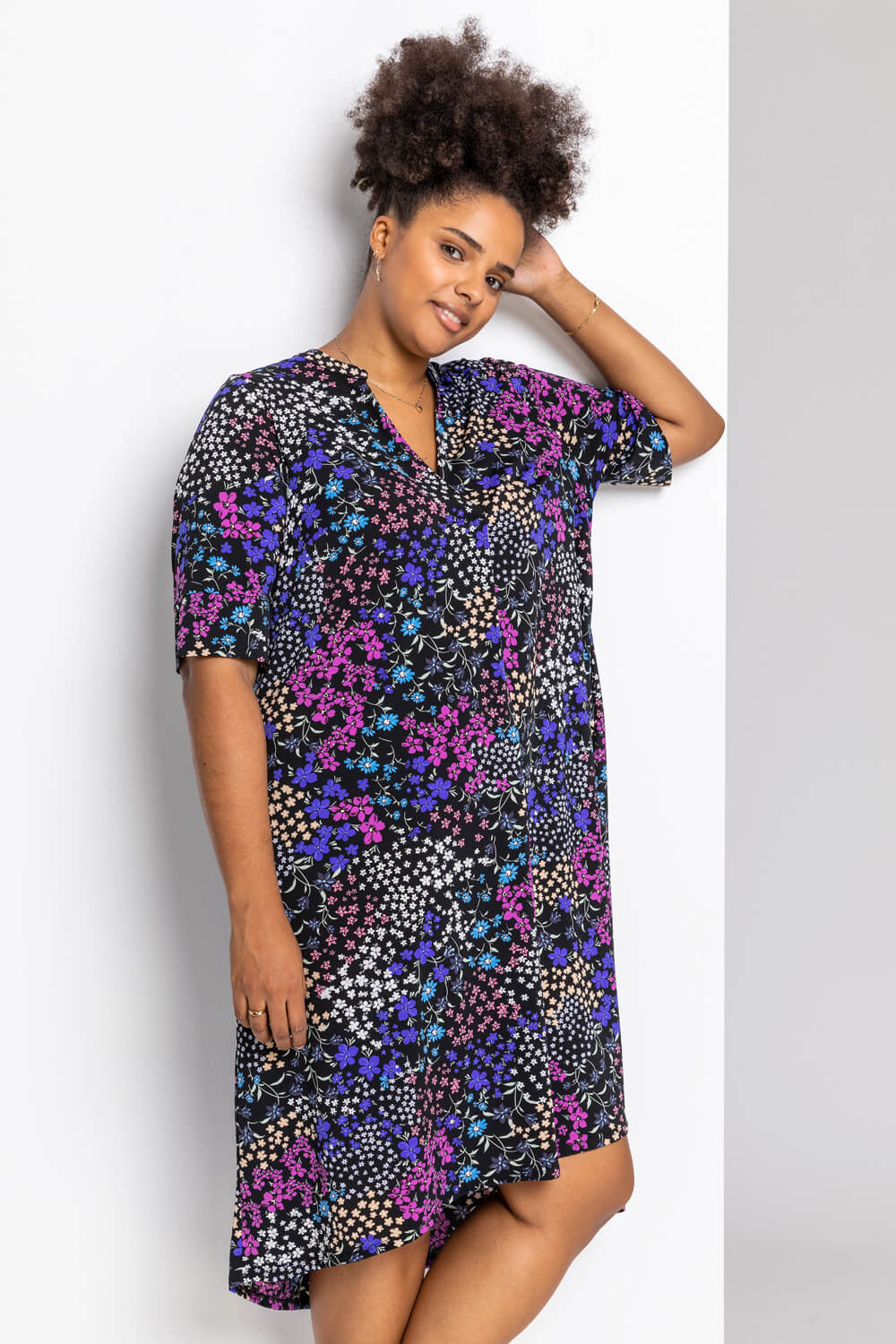 Blue Curve Patchwork Floral Tunic Dress, Image 5 of 4