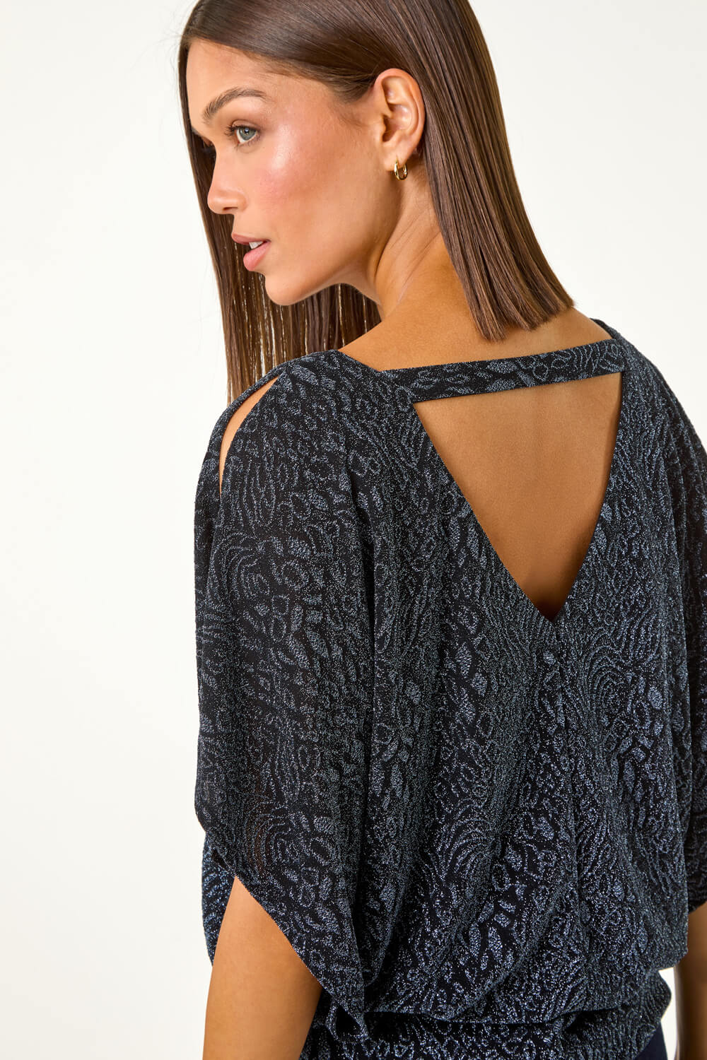 Midnight Blue Glitter Animal Print Banded Hem Stretch Top, Image 5 of 5