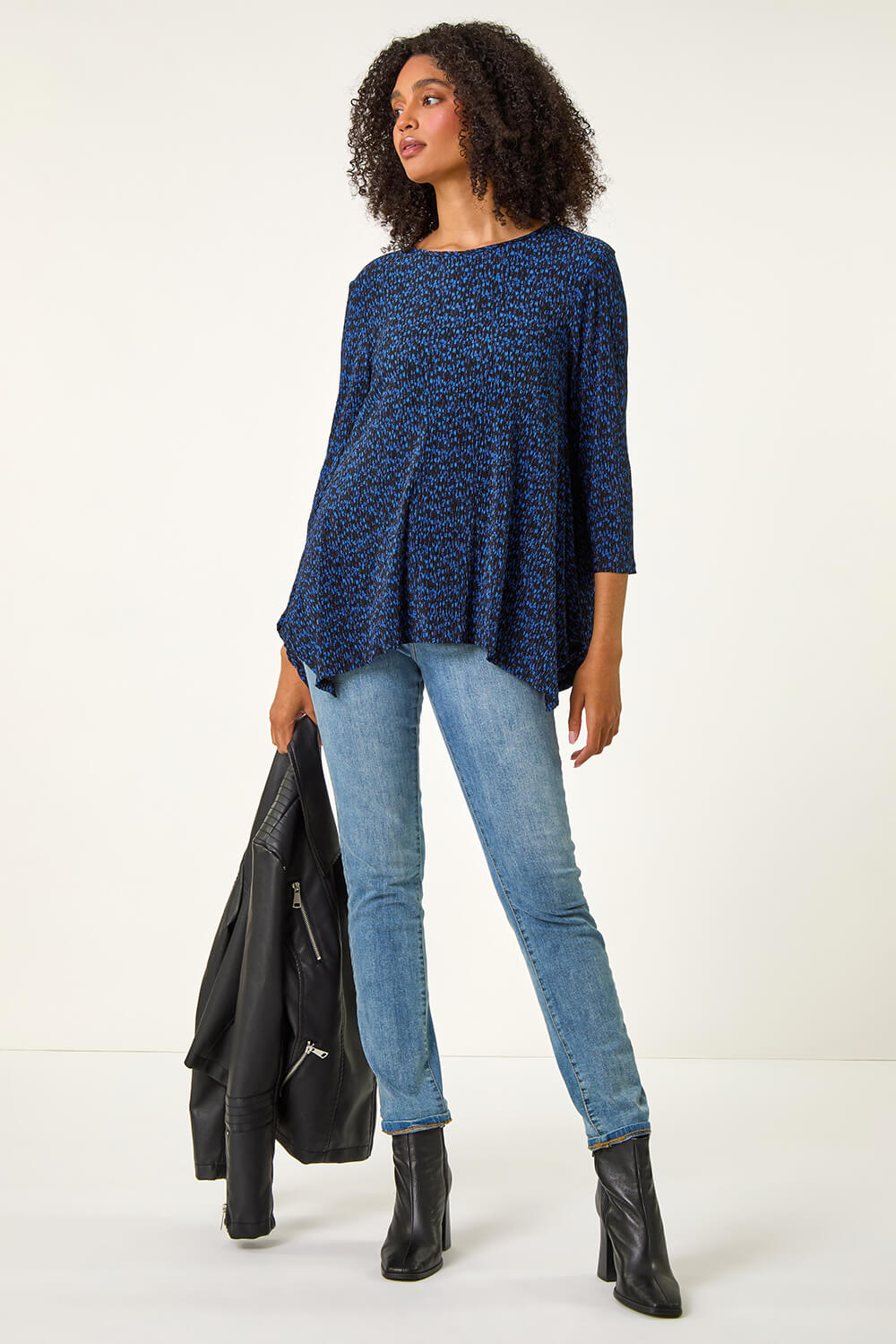Blue Printed Plisse Hanky Hem Tunic Stretch Top, Image 1 of 5
