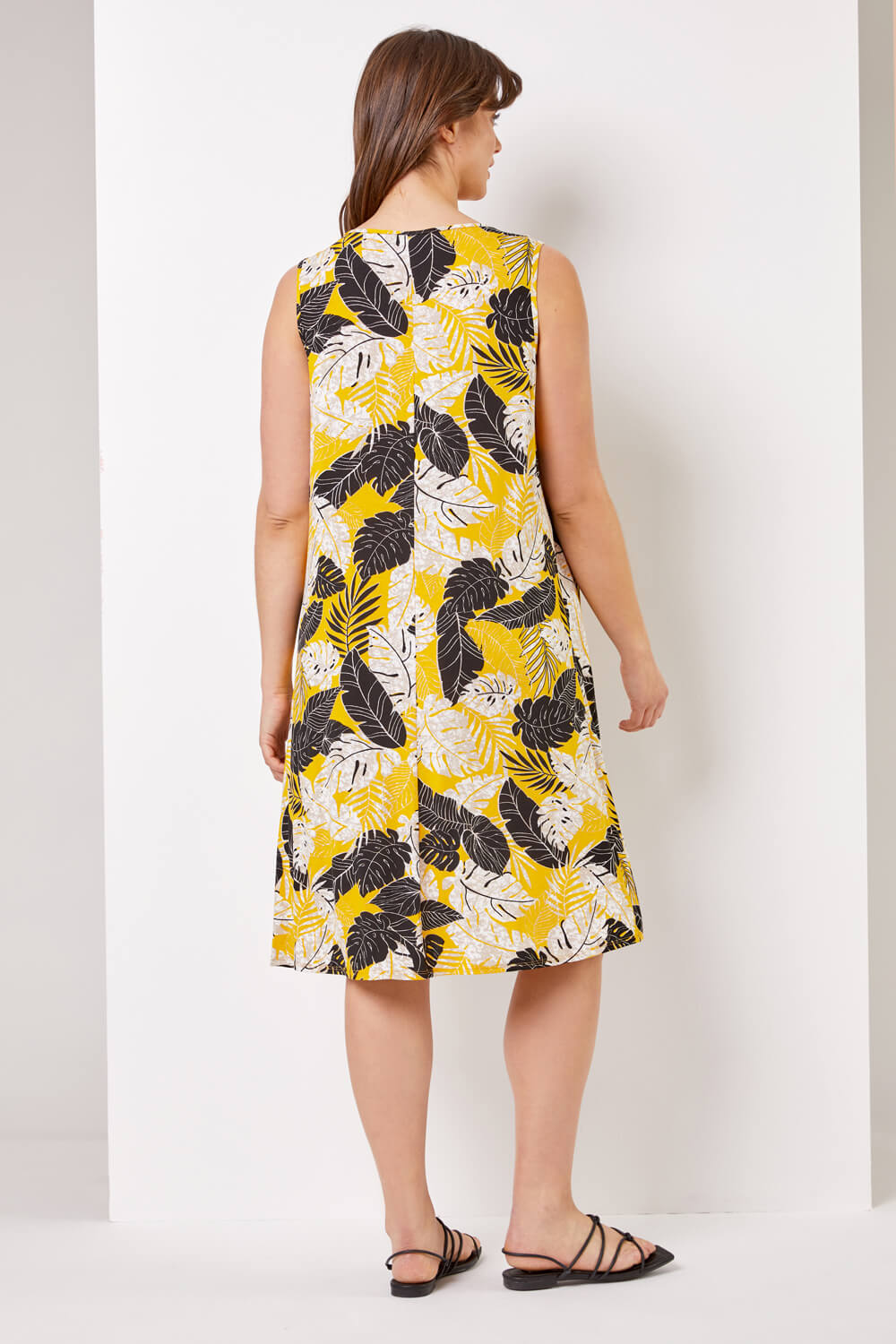 Ochre Curve Tropical Leaf Print Swing Dress, Image 3 of 4