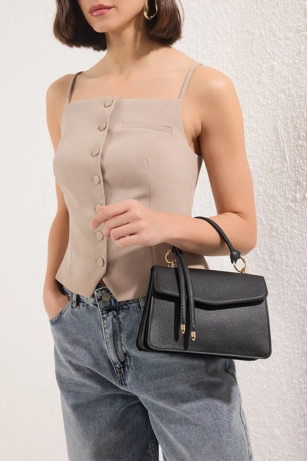 Black Textured Mini City Crossbody Shoulder Bag With Top Handle, Image 1 of 3