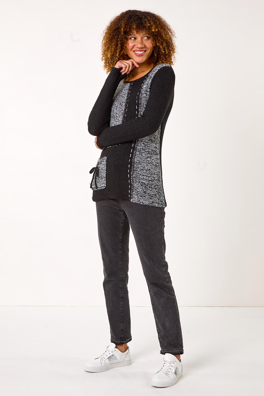 Black Textured Contrast Pocket Knit Jumper, Image 3 of 5