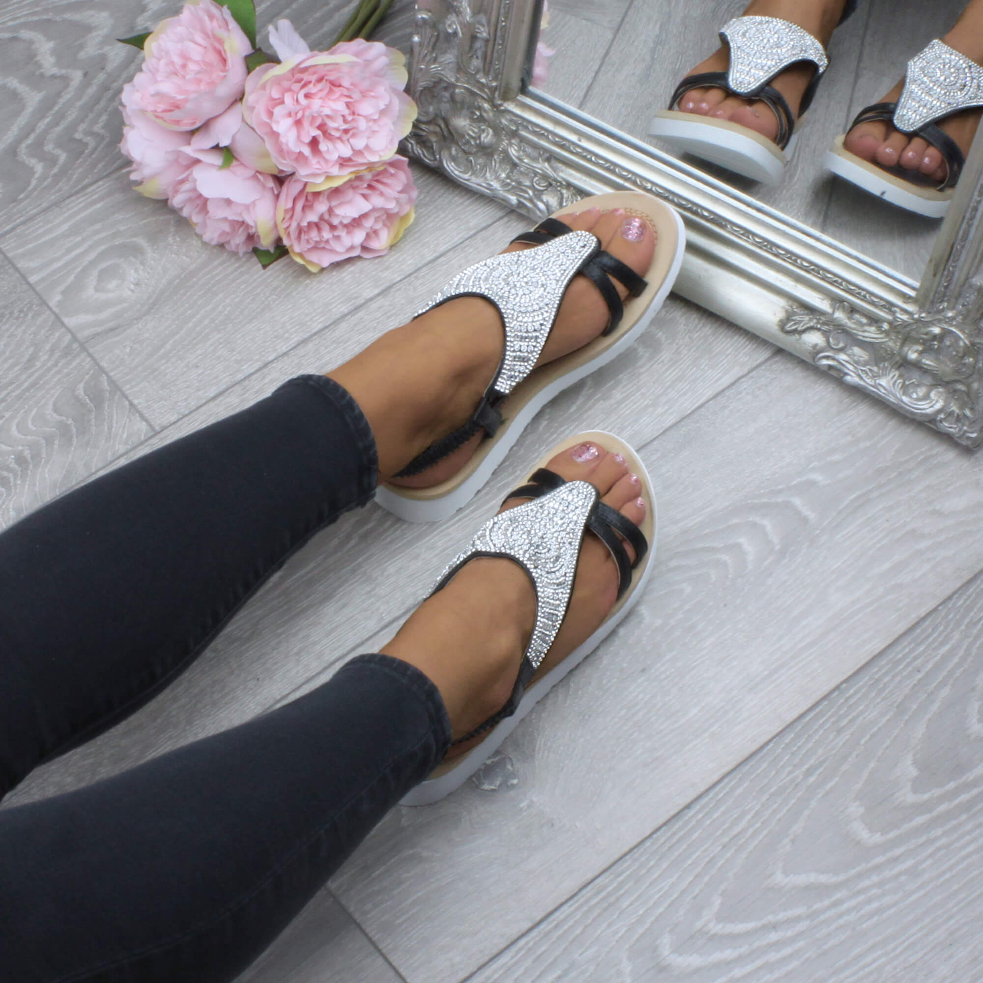 Black AJVANI Black Flatform Diamante T-Bar Slingback Sandals, Image 5 of 6