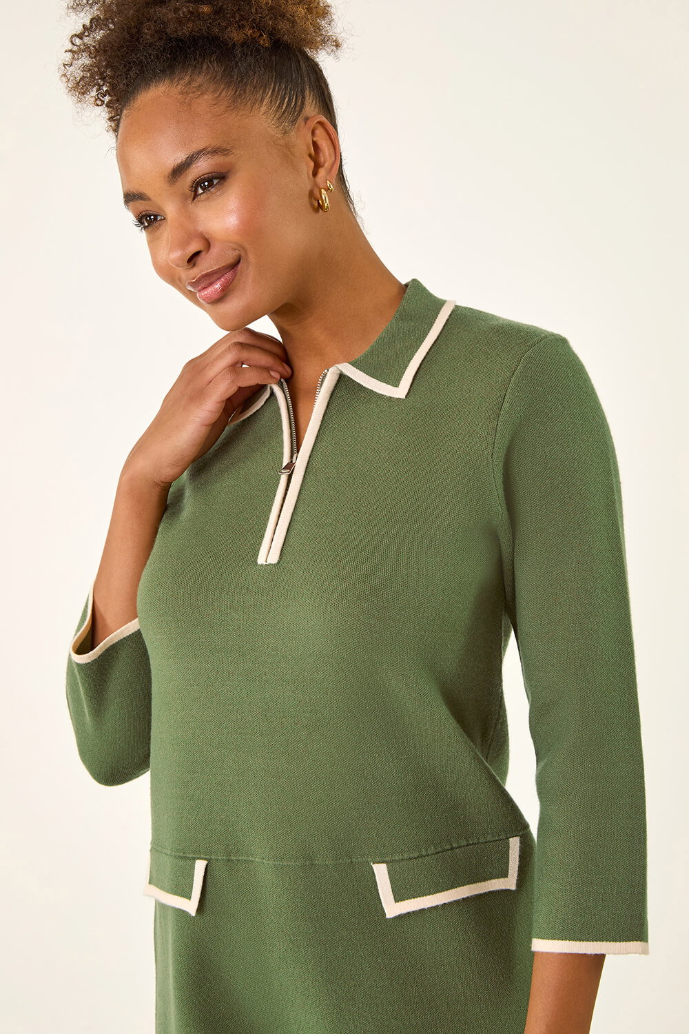 KHAKI Contrast Zip Collared Knit Dress, Image 5 of 5