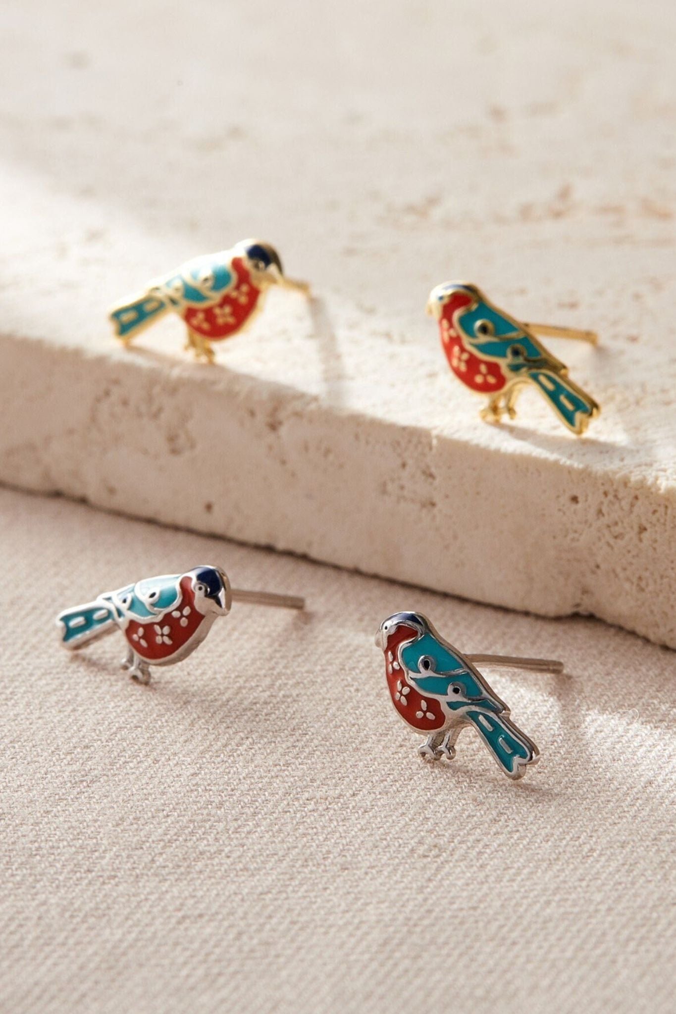 Metallic Bullfinch Birds S925 Sterling Silver Stud Earrings