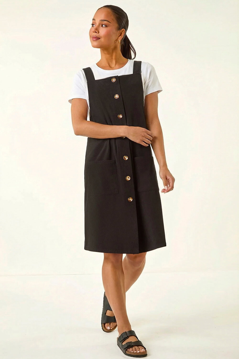 Black Petite Corduroy Pinafore Dress, Image 3 of 6