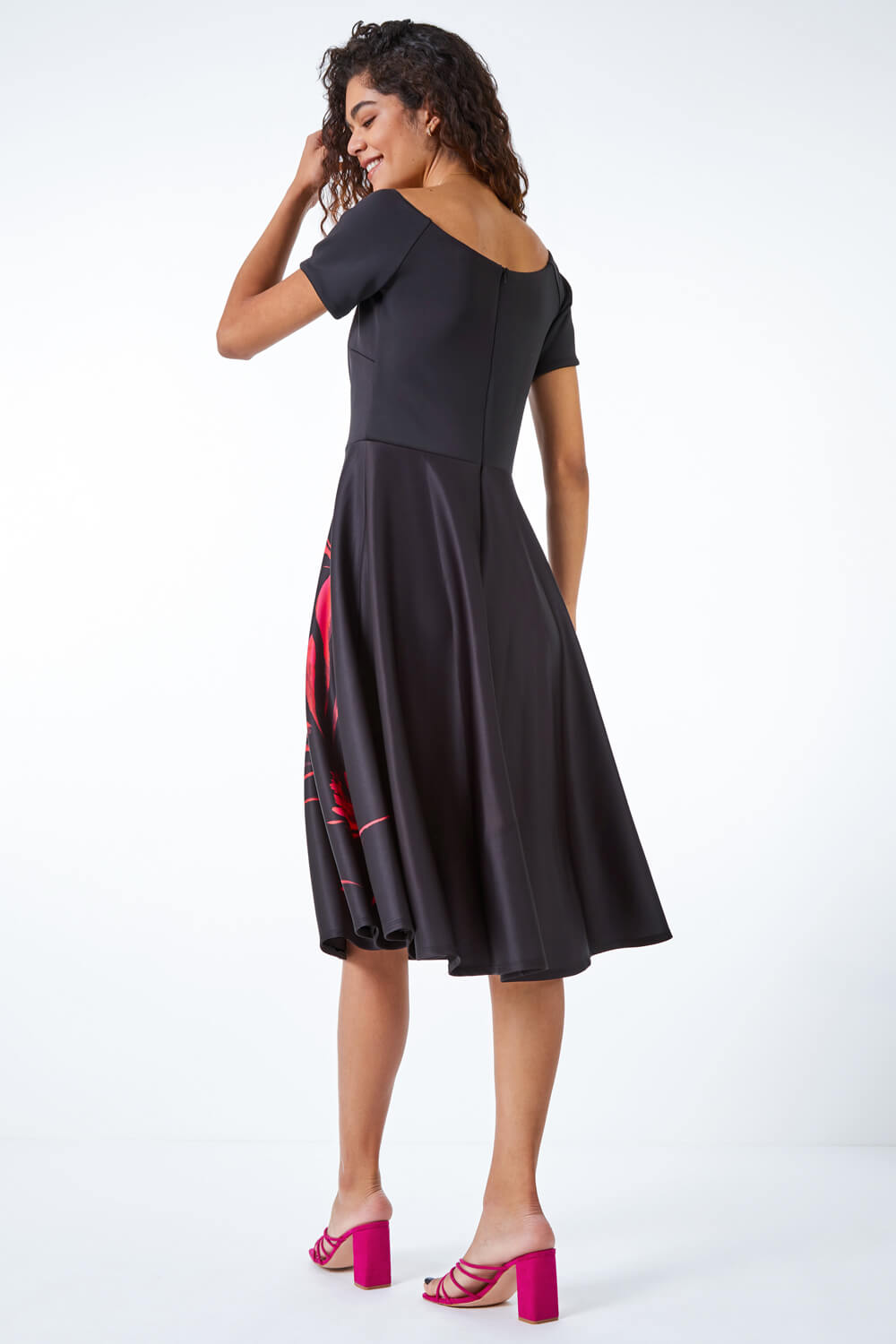 Floral Fit & Flare Bardot Dress in Black - Roman Originals UK