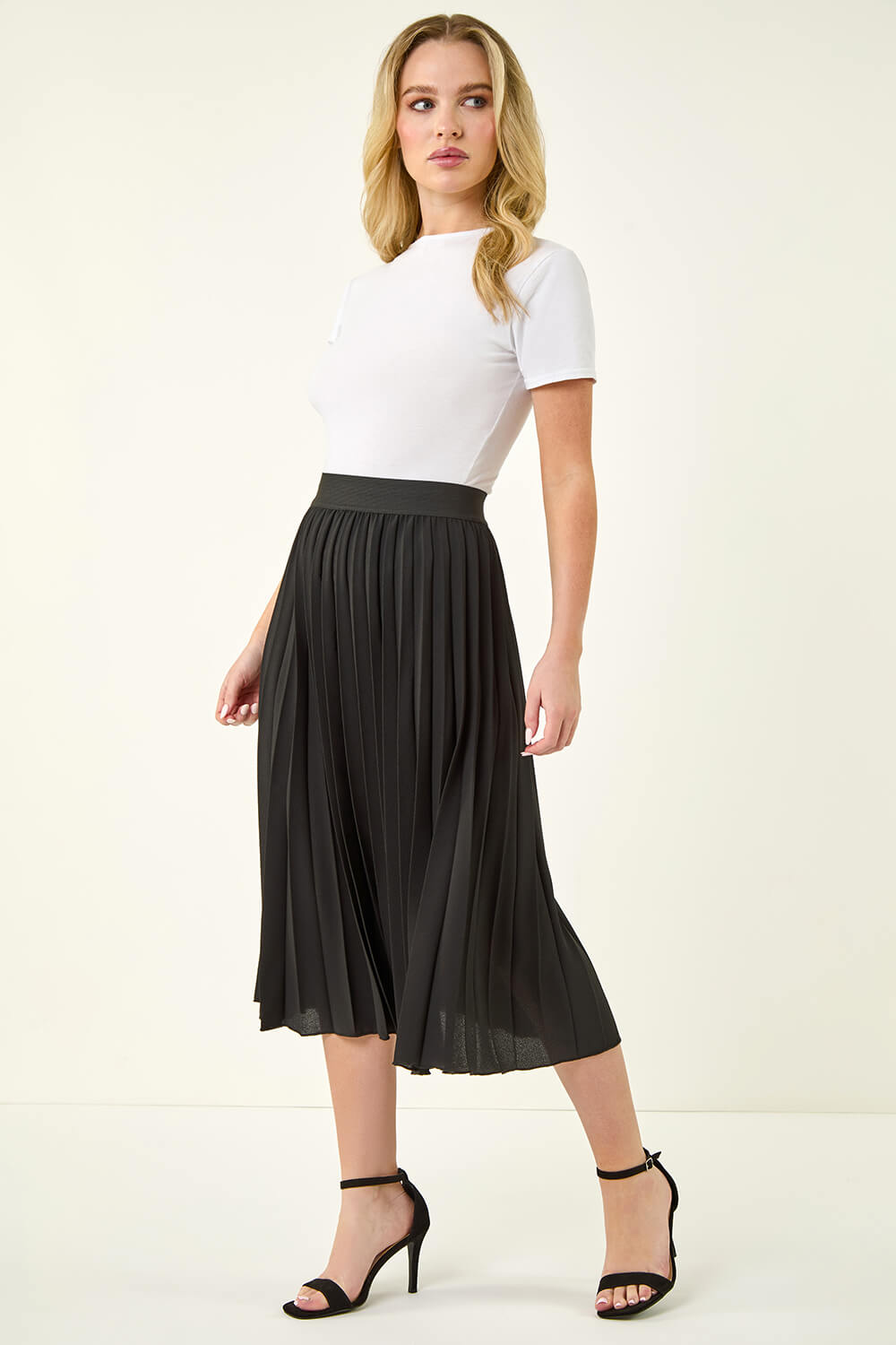 Black Petite Pleated Elastic Waist Midi Skirt, Image 4 of 5