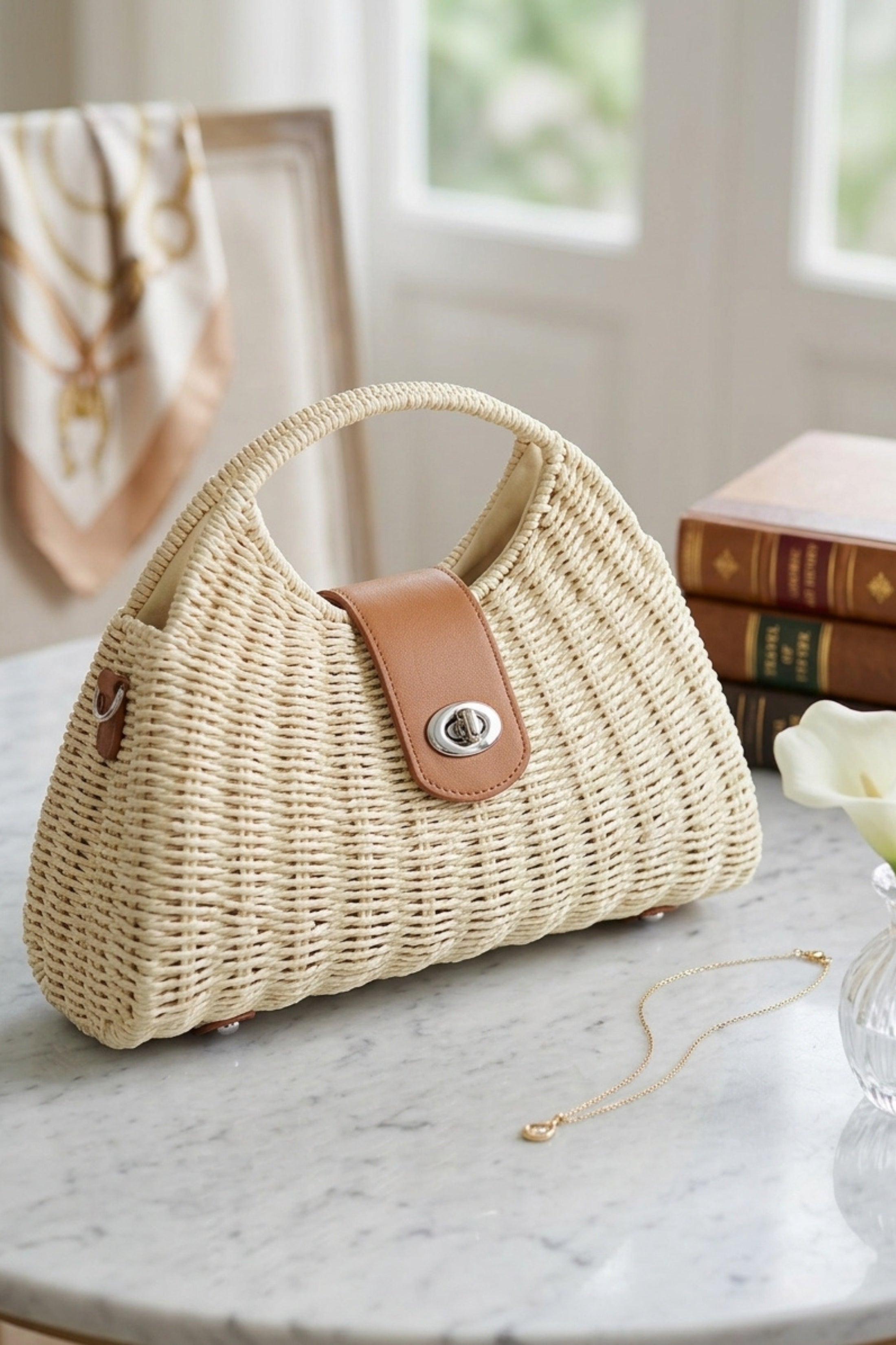 Beige Beige Woven Top Handle Handbag - Forest, Image 1 of 2