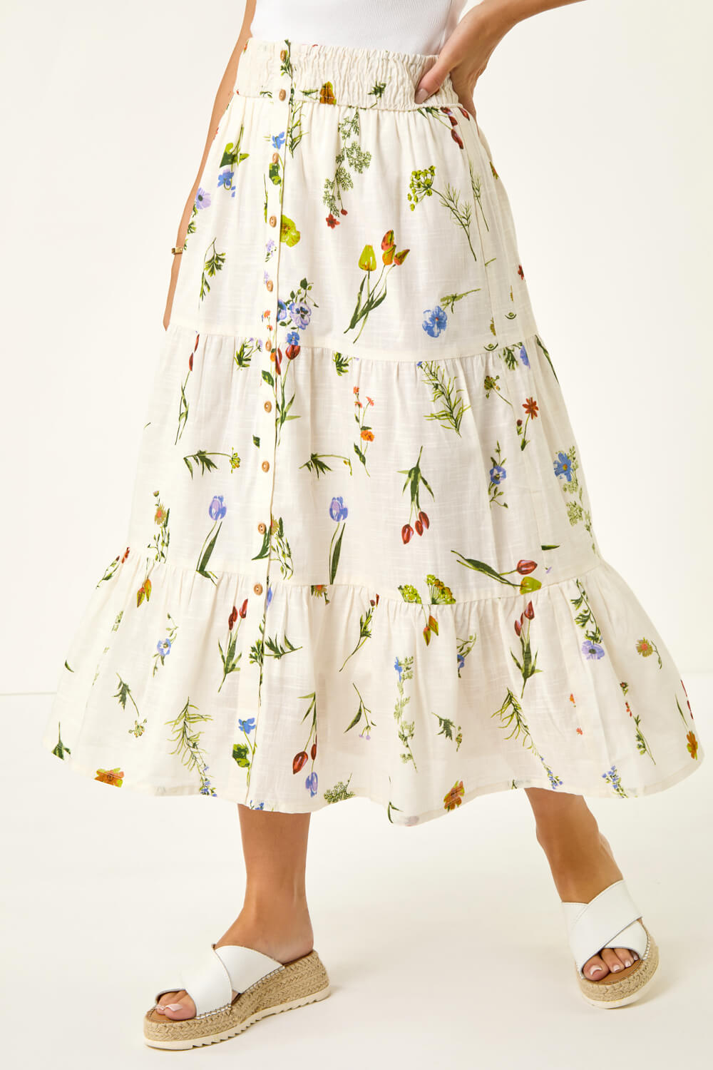 White Petite Floral Print Shirred Midi Skirt, Image 1 of 5