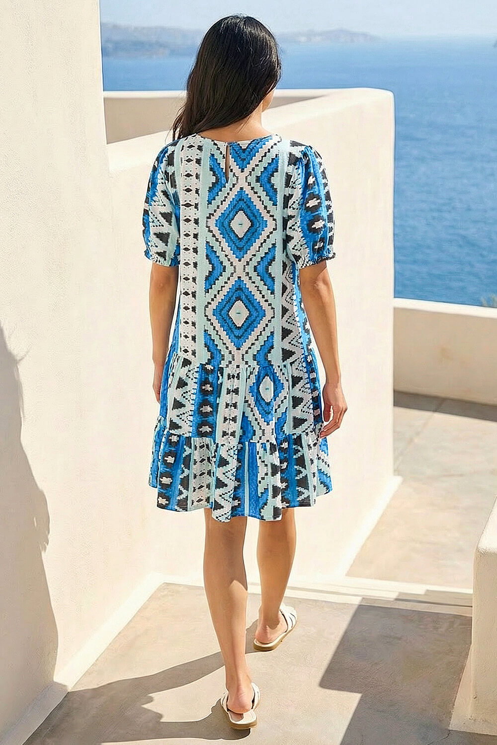 Blue Petite Aztec Smock Dress, Image 3 of 4