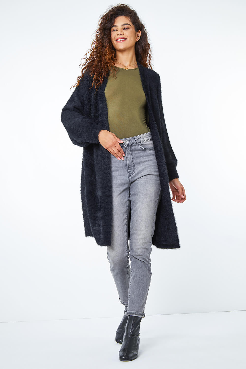 Black Fluffy Longline Cardigan , Image 3 of 5