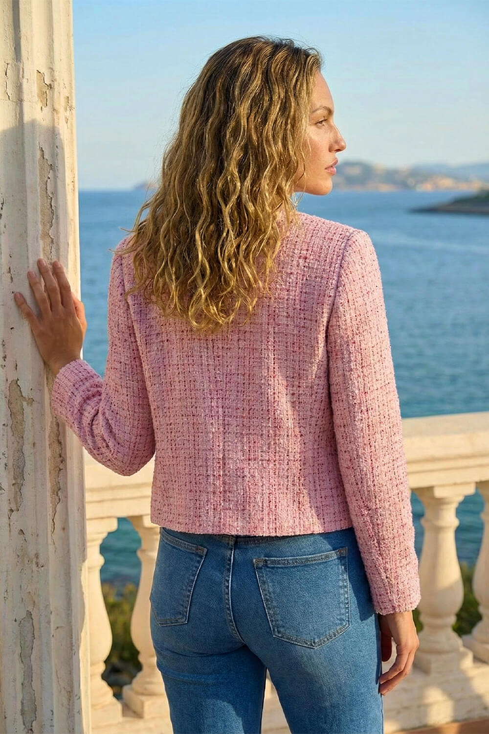 PINK Collarless Sequin Boucle Jacket, Image 4 of 5